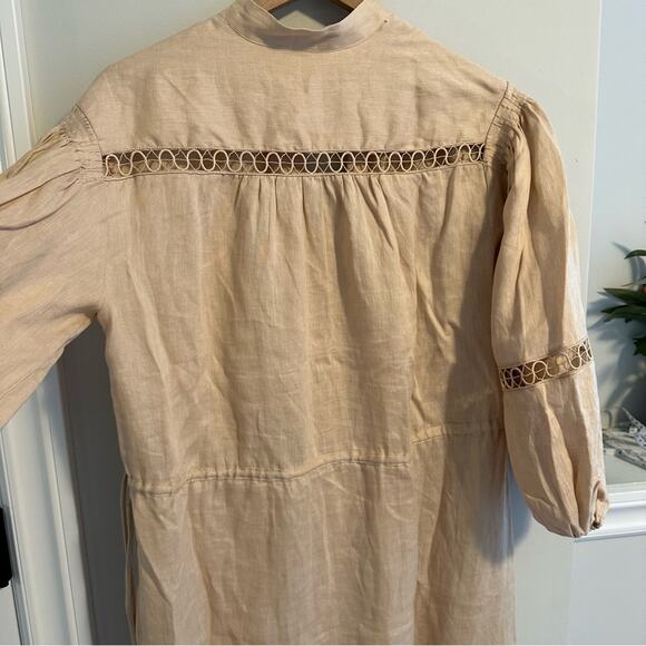 BOTEH Tan Neutral Linen Long Sleeve Eyelet Maxi Dress 1 Medium - Picture 9 of 16